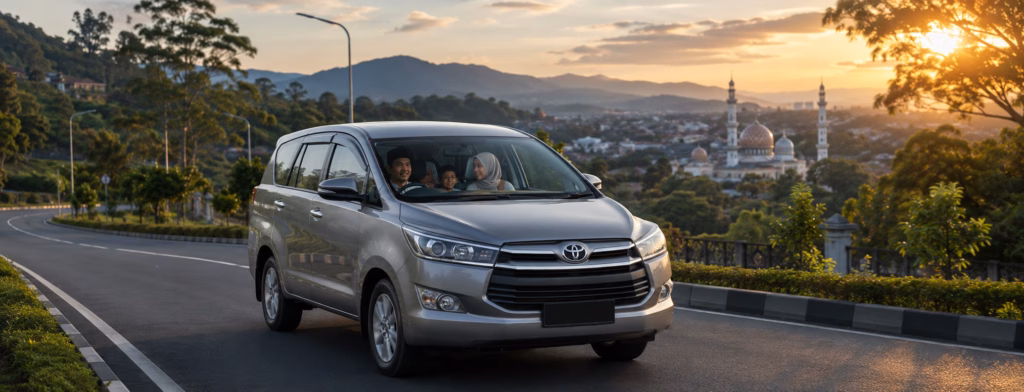 Muslim family enjoying a Ramadan holiday in Bandung with a private driver near a mosque and highland scenery