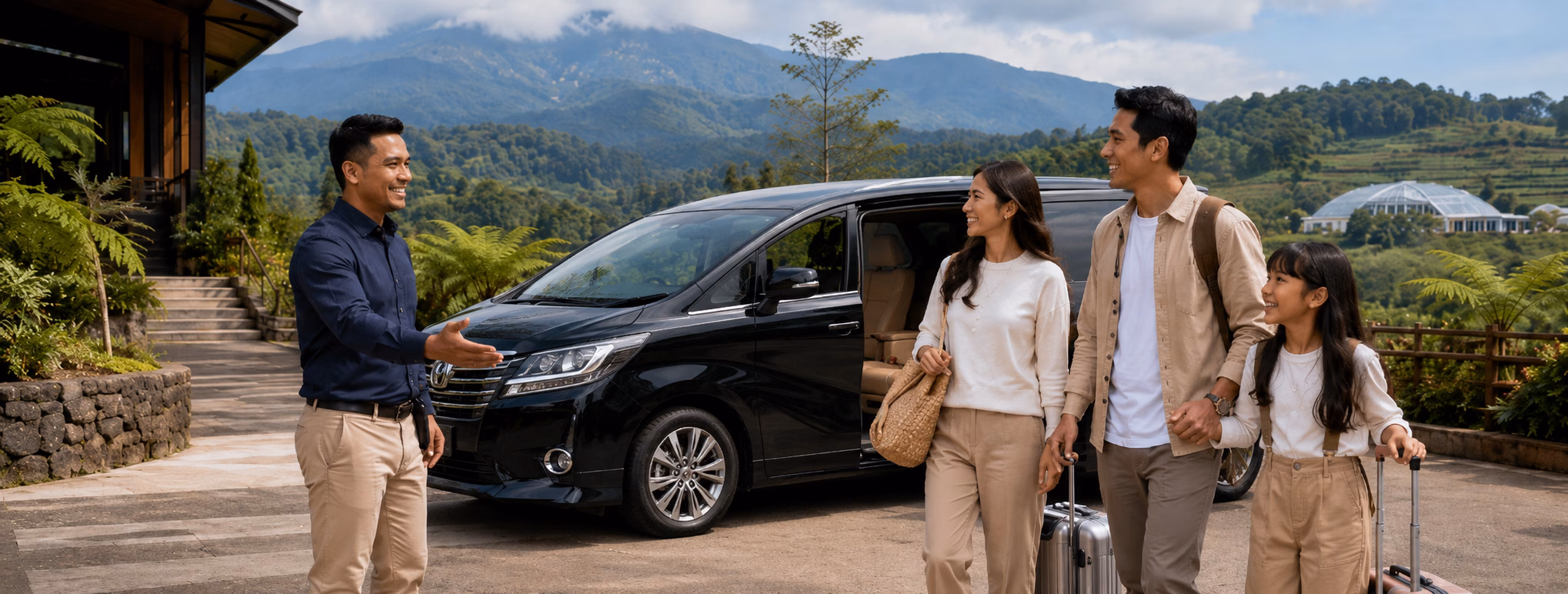 Bandung private driver welcoming a family beside a comfortable car in the highlands