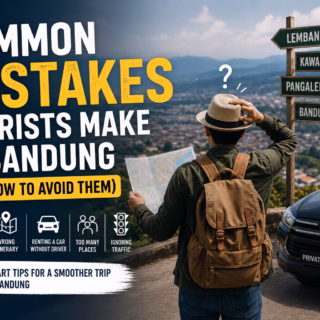 Tourist looking at Bandung city view with map and private driver car, illustrating common travel mistakes in Bandung
