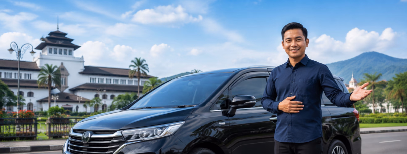 Bandung Driver contact page image with friendly driver, black car, and Bandung city background