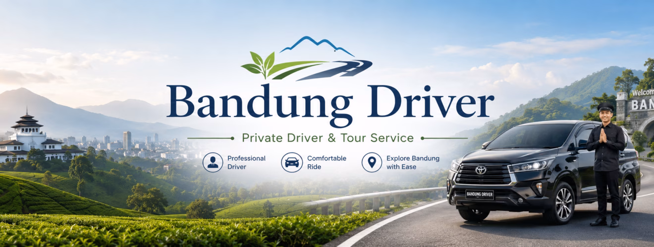 Bandung Driver header banner with scenic Bandung landscape, private driver car, and tour service branding