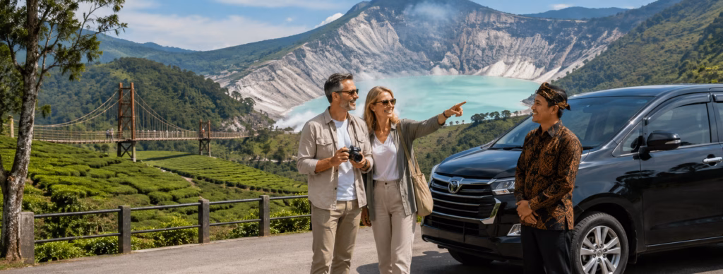 Hungarian travelers enjoying a private driver tour in Bandung with volcano, tea plantation, and mountain scenery