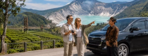 Hungarian travelers enjoying a private driver tour in Bandung with volcano, tea plantation, and mountain scenery
