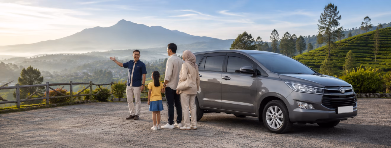 Bandung private tour with driver and car at a scenic mountain viewpoint