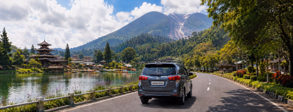 Private car driving from Bandung to Lembang with mountain and lakeside scenery