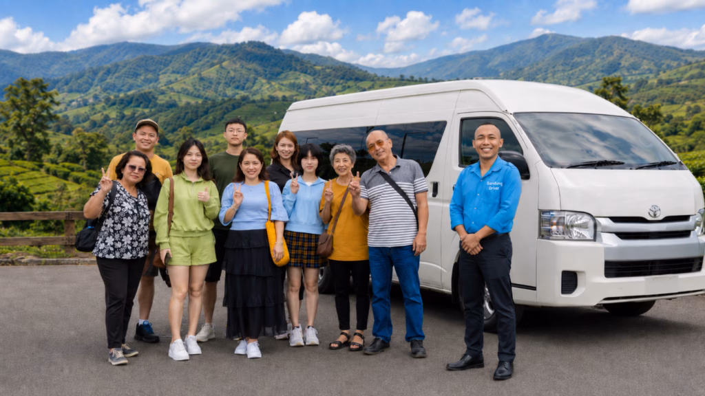 Mrs. Emilie and her family with Bandung Driver and Hiace Commuter during a Bandung family tour