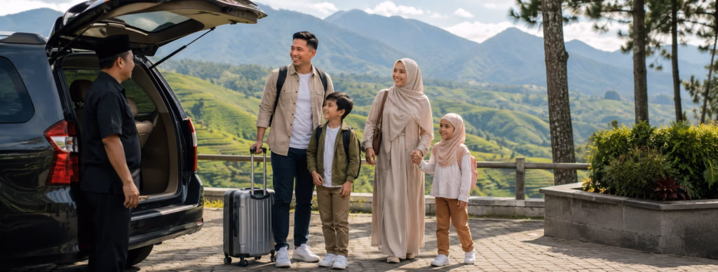 Muslim family enjoying a comfortable Bandung tour with a private driver in the Lembang highlands