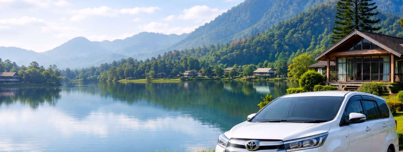 Private driver car for Pakej Lawatan Bandung near a peaceful lake and mountain view in Lembang