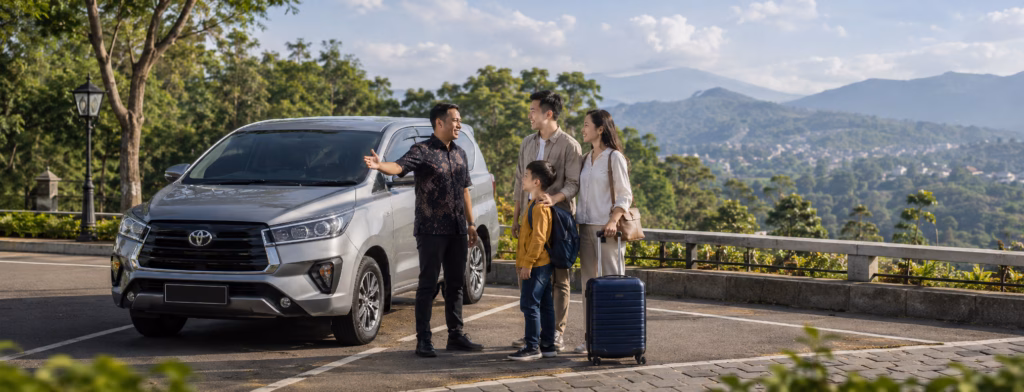 Private driver in Bandung welcoming China visitors at a safe scenic parking area