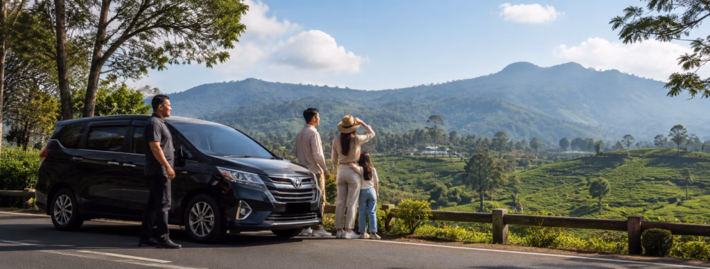 Safe Lembang tour with private driver and family enjoying mountain scenery near Bandung