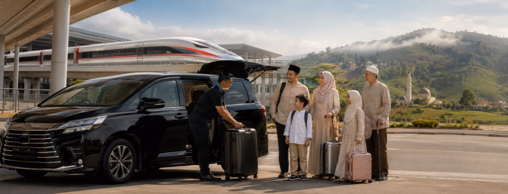 Muslim family group arriving by Whoosh train and using Bandung Driver pickup service from Padalarang or Tegalluar station